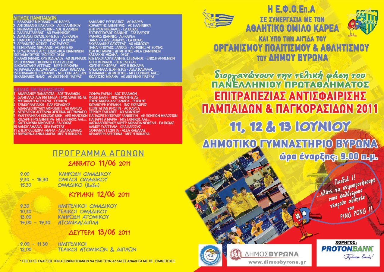 Πανελλήνιο Πρωτάθλημα Επιτραπέζιας Αντισφαίρισης Παμπαίδων-Παγκορασίδων 2011 - Δημοτικό Γυμναστήριο Βύρωνα