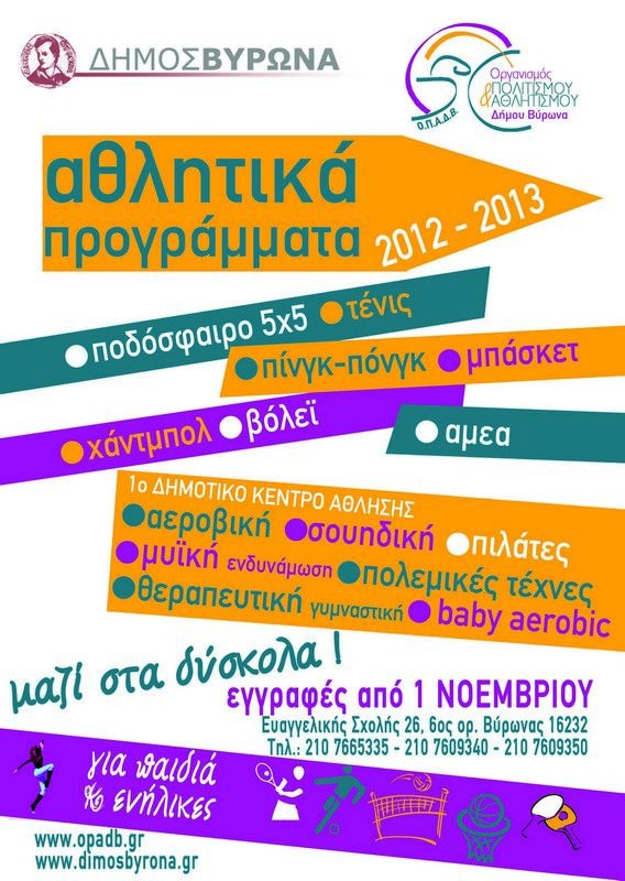 Ξεκίνησαν οι εγγραφές για τα αθλητικά προγράμματα του Δήμου Βύρωνα
