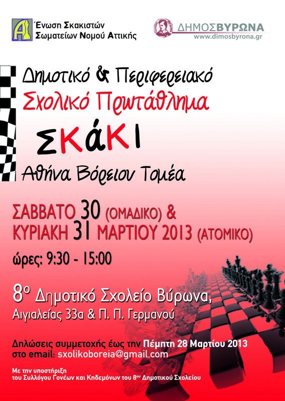 Στον Βύρωνα το Περιφερειακό Σχολικό Πρωτάθλημα Σκακιού