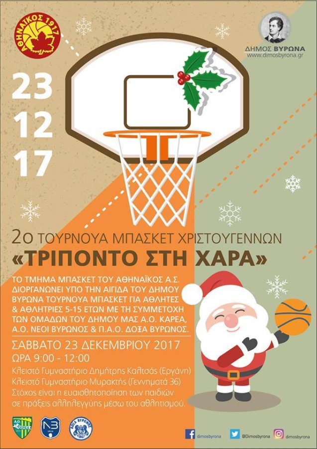 Υπό την αιγίδα του Δήμου Βύρωνα το 2ο Τουρνουά Μπάσκετ Χριστουγέννων, Σάββατο 23 Δεκεμβρίου 2017