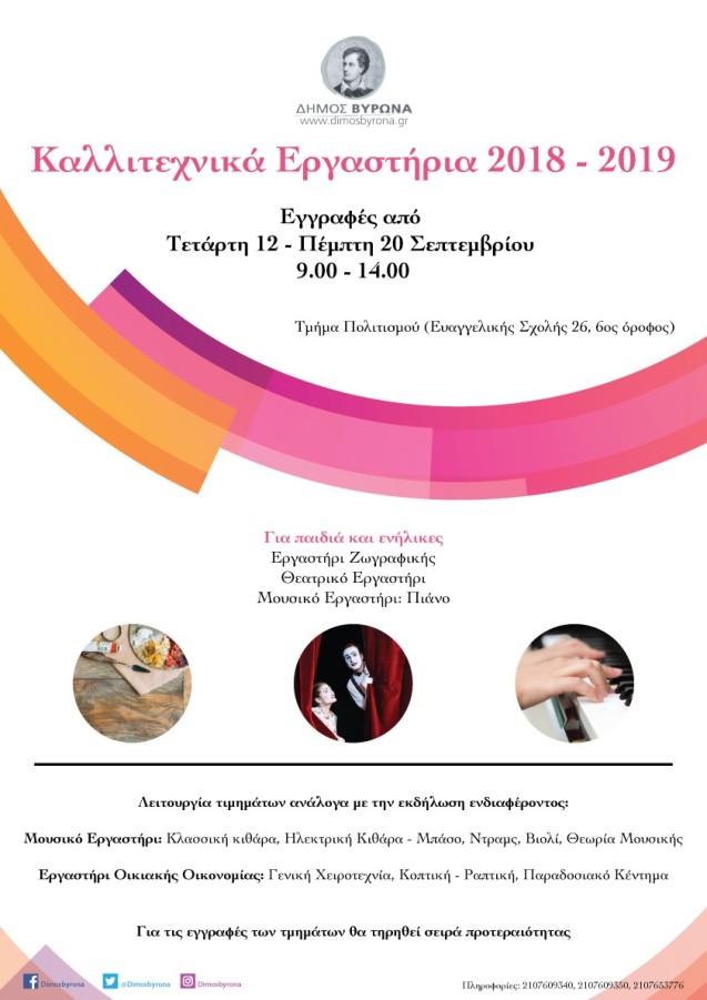 Καλλιτεχνικά Εργαστήρια 2018 - 2019 : Εγγραφές από  Τετάρτη 12 – Πέμπτη 20 Σεπτεμβρίου 