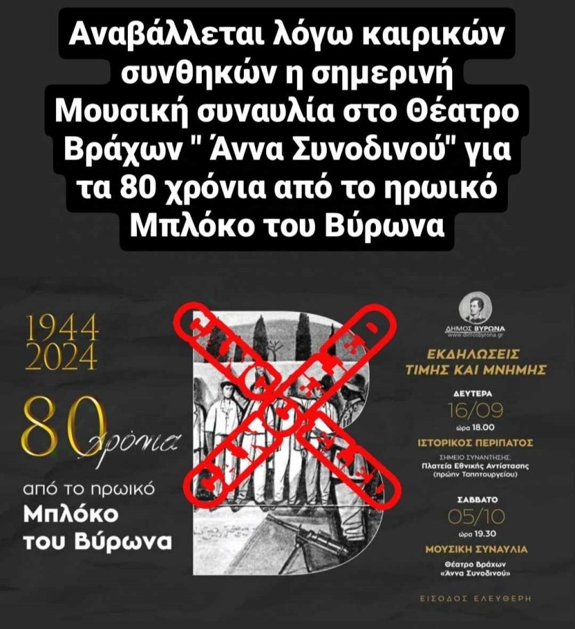 Αναβάλλεται λόγω καιρικών συνθηκών η σημερινή εκδήλωση για τα 80 χρόνια από το ηρωικό μπλόκο του Βύρωνα