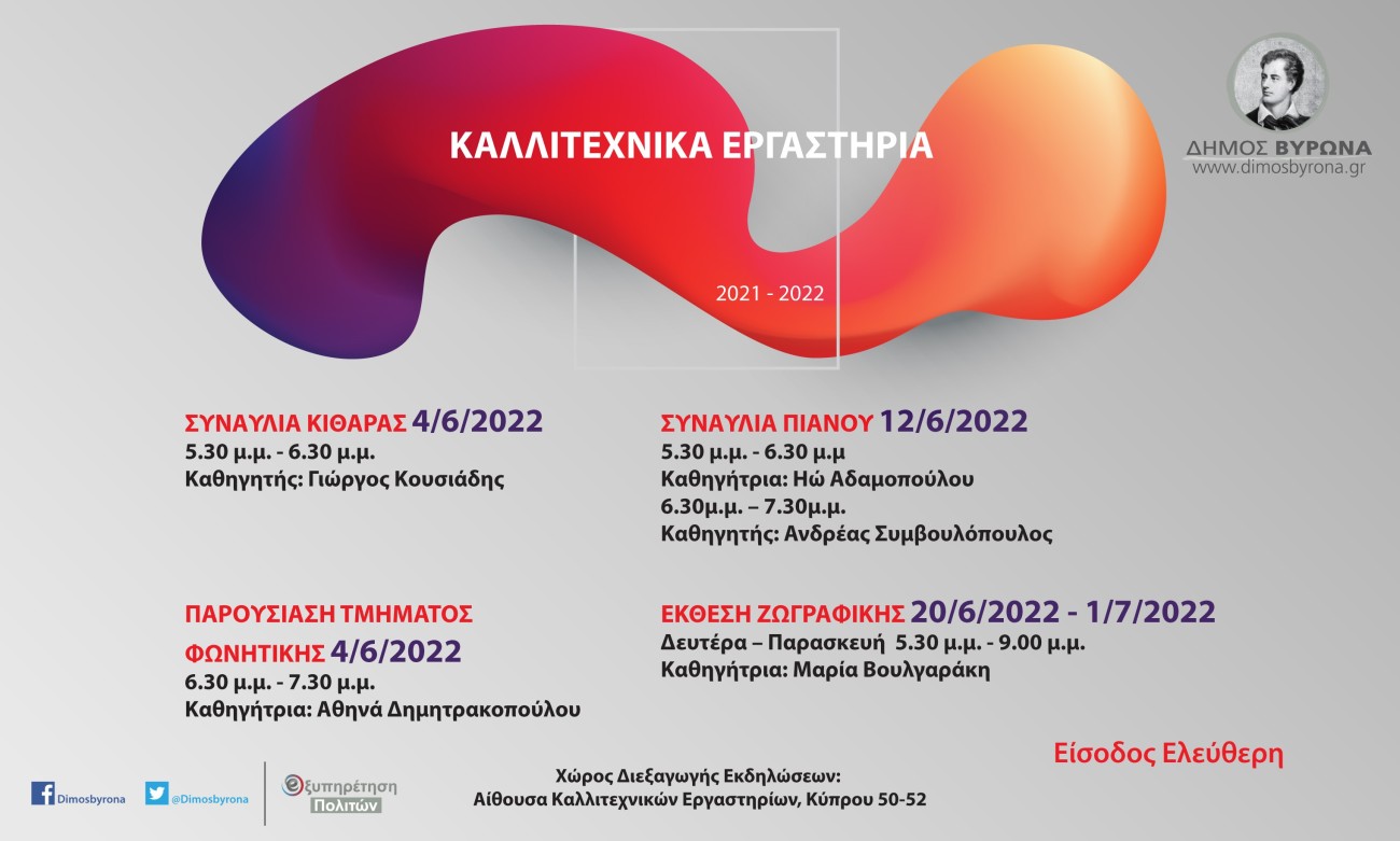 Πρόσκληση στις ετήσιες γιορτές των Καλλιτεχνικών Εργαστηρίων του Δήμου Βύρωνα