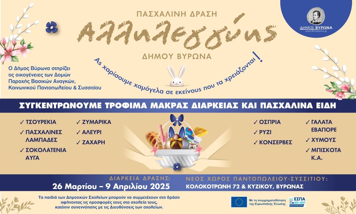 Πασχαλινή Δράση Αλληλεγγύης του Δήμου Βύρωνα: Στηρίζουμε τις Οικογένειες με Τρόφιμα και Πασχαλινά Είδη