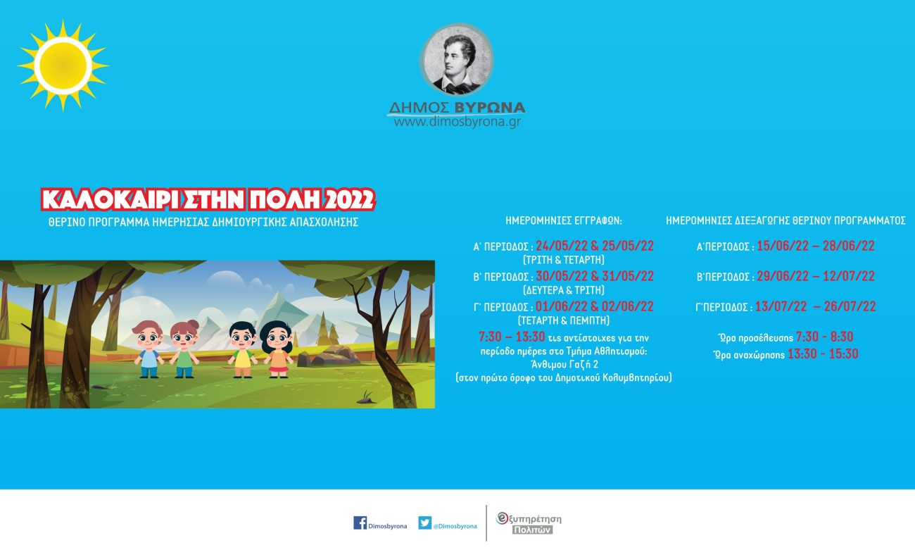 Καλοκαίρι στην Πόλη 2022 - Θερινό Πρόγραμμα Ημερήσιας Δημιουργικής Απασχόλησης / Υπάρχουν ακόμα διαθέσιμες θέσεις της 3ης Περιόδου